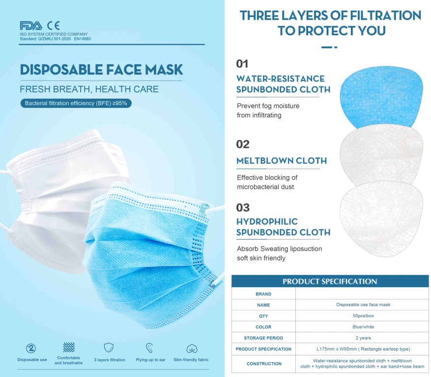 FDA CE Protective Disposable 3 Ply Face Mask